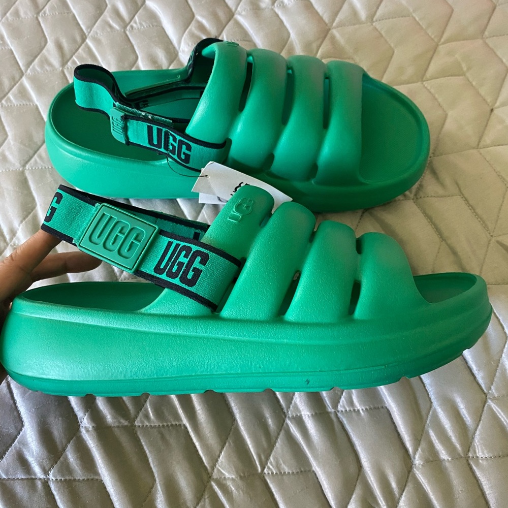 UGG Green Puffy Slide Sandals with Branded Strap